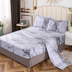 4pcs/set Marble Brushed Fitted Sheet Set 90g (1 Flat Sheet + 1 Fitted Sheet + 2 Pillowcases) Soft & Breathable Stone Pattern Sheets, Bedding For Bedroom & Guest Room