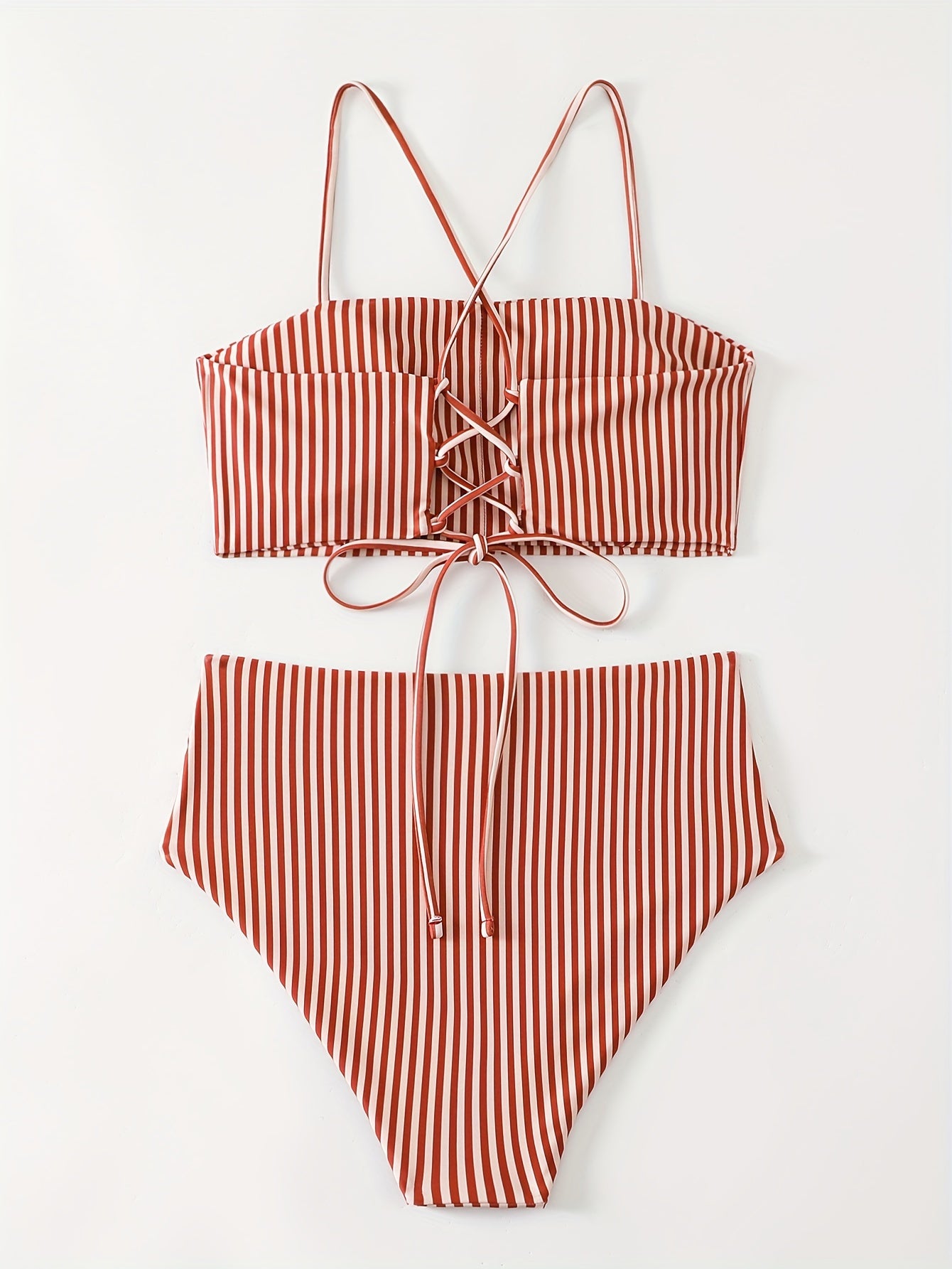 2 Piece Retro Chic Bikini Set - Crisscross Hollow Out, High Waisted, Stretchy, Lace Up Tie Back, Red Striped Print Swimsuit - Women's Swimwear & Clothing for Summer Beach Vacation