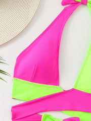 High-Waisted Two-Piece Bikini Set, Neon Pinkish And Green Color Block, Halter Neck With Back Tie, Belt Detail, Summer Beachwear, Swimwear Collection