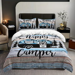 3-Piece Camping Forest Car Print Duvet Cover Set - Soft, Comfortable, and Fashionable Bedding for Bedroom and Guest Room - Includes 1 Duvet Cover and 2 Pillowcases, No Filling