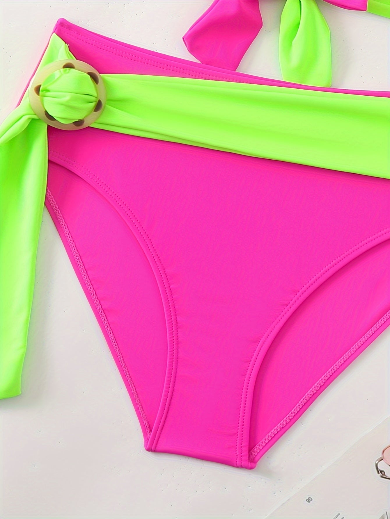 High-Waisted Two-Piece Bikini Set, Neon Pinkish And Green Color Block, Halter Neck With Back Tie, Belt Detail, Summer Beachwear, Swimwear Collection