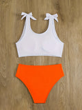 Women's Two-Piece Bikini Set Scoop Neck Sleeveless Printed Top with High Waist Orange Bottoms, Polyester and Elastane Blend Knit Fabric Swimwear with Medium Stretch for Beach and Pool