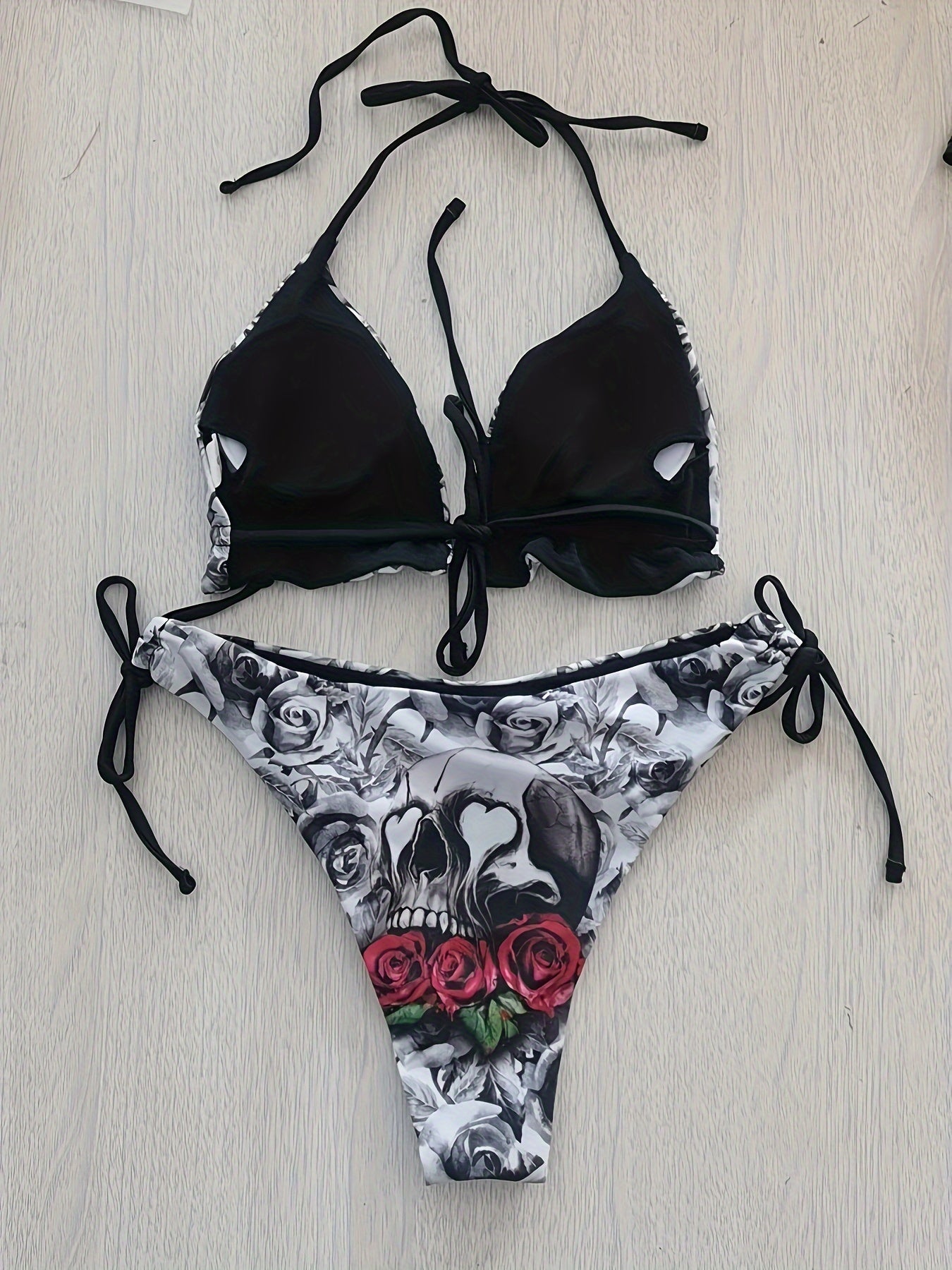 Gothic Skull Floral Print Tie Strap 2 Piece Set Bikini, High Stretch Halter Spaghetti Strap Halloween Swimsuits, Women's Swimwear & Clothing Valentine's Day Carnaval & Music Festival Triangle Top