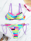 2 Piece Color Block Print Tie Side Bikini Set - Women's Swimwear & Clothing - Colorful Spaghetti Strap Swimsuits with Adjustable Ties and Padded Cups for Comfort and Support