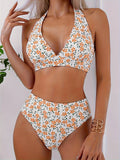 Two-Piece High-Waisted Women's Bikini Swimwear, Supportive Halter Top, Floral Pattern, Summer Beachwear