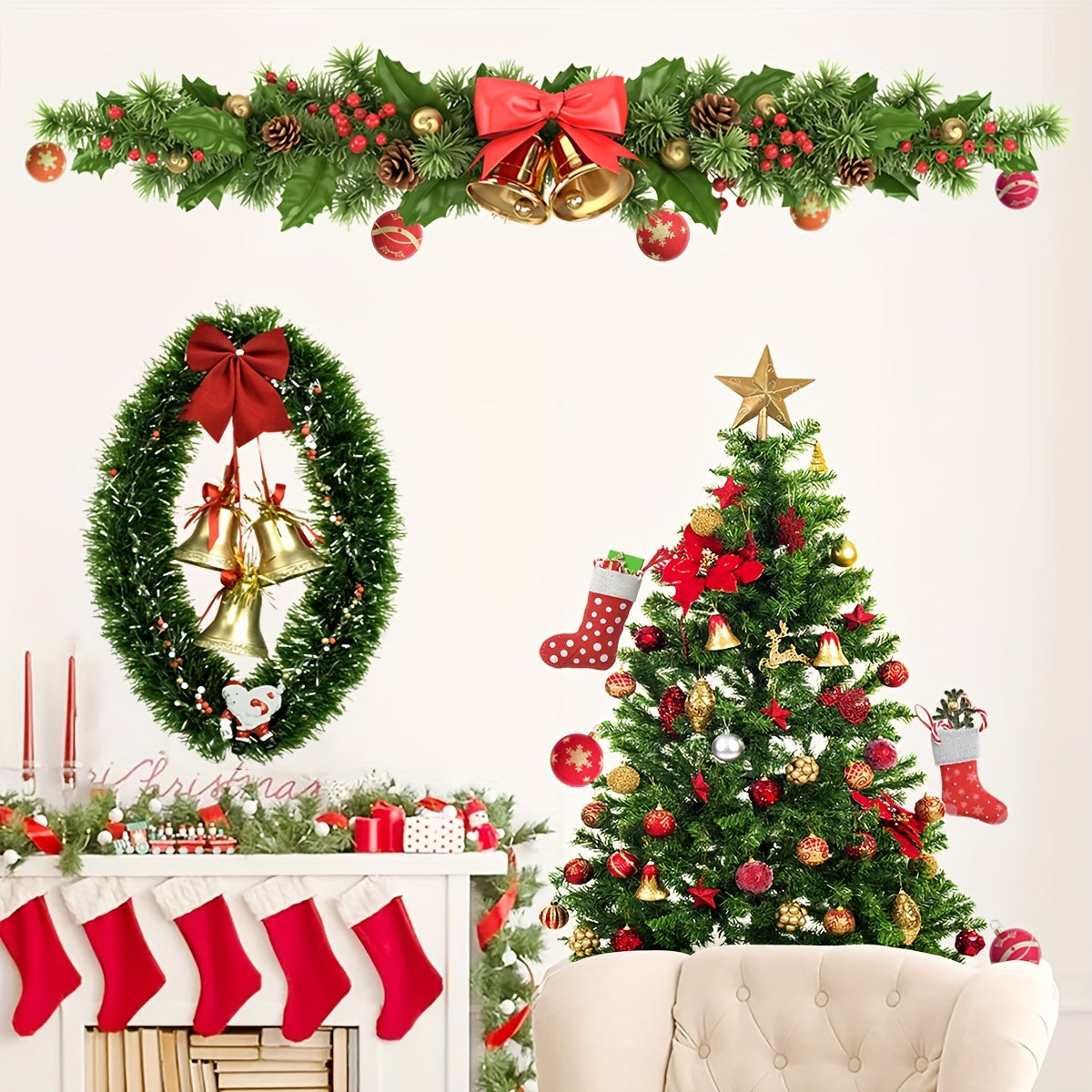 Classic Christmas Tree and Bell Wreath Vinyl Wall Decals – Glass Surface Compatible, Self-Adhesive Holiday Decoration, Single Use, Multi-Surface for Windows and Walls, Set of 4