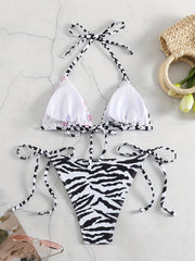 2-Piece Zebra Print High-Waisted Bikini Set with Ruffle-Trim Halter Top and Adjustable Ties for Women's Beachwear Swimwear