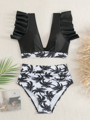 Chic 2-Piece V-Neck Bikini Set - High-Waisted Ruffle Bottoms, Sleek Black Stretch Fabric, Ideal for Beachwear & Poolside