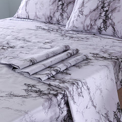 4pcs/set Marble Brushed Fitted Sheet Set 90g (1 Flat Sheet + 1 Fitted Sheet + 2 Pillowcases) Soft & Breathable Stone Pattern Sheets, Bedding For Bedroom & Guest Room