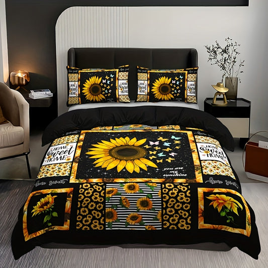 3pcs Sunflower Flower Print Duvet Cover Set - Vibrant Fashion Pastoral Style, Ultra-Soft and Breathable Fabric, Complete Set with 1 Duvet Cover and 2 Pillowcases, Perfect for Bedrooms and Guest Rooms