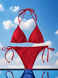 2 Piece Set Plain Red Triangle Halter Tie Strap Backless Bikini Swimsuits, Women's Swimwear & Clothing