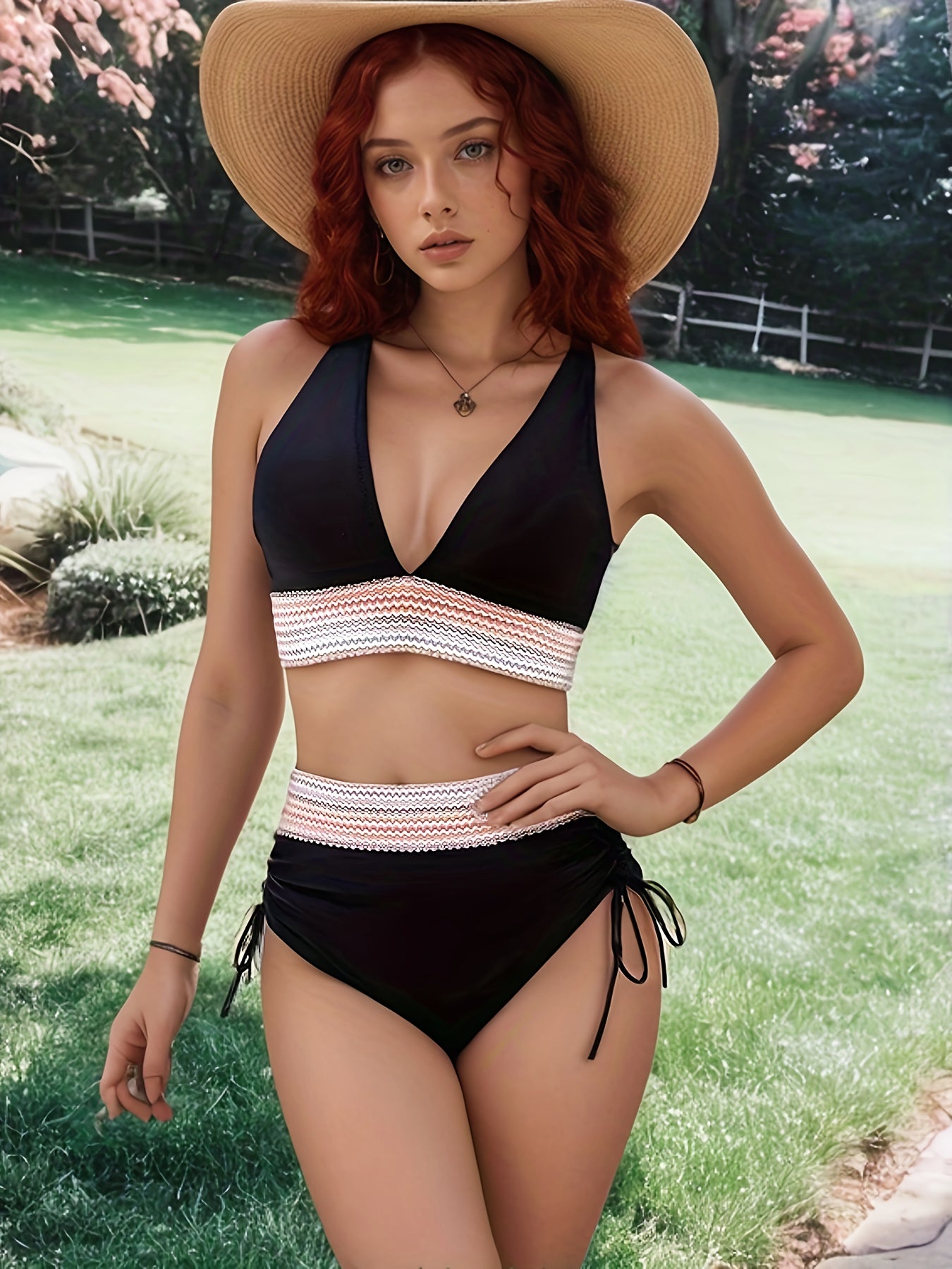 Women High Waisted Bikini Sets Tummy Control Swimsuits Color Block Two Piece Drawstring Bathing Suit