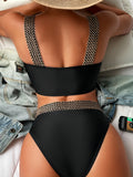 High-Waisted Women's Two-Piece Bikini Swimsuit With Ruched Detail, Contrast Straps, Beachwear Swimwear