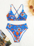 Women's High-Waisted Bohemian Crossback Bikini Shorts Set - Floral Print Polyester Blend Swimwear with Ties for Beach or Pool