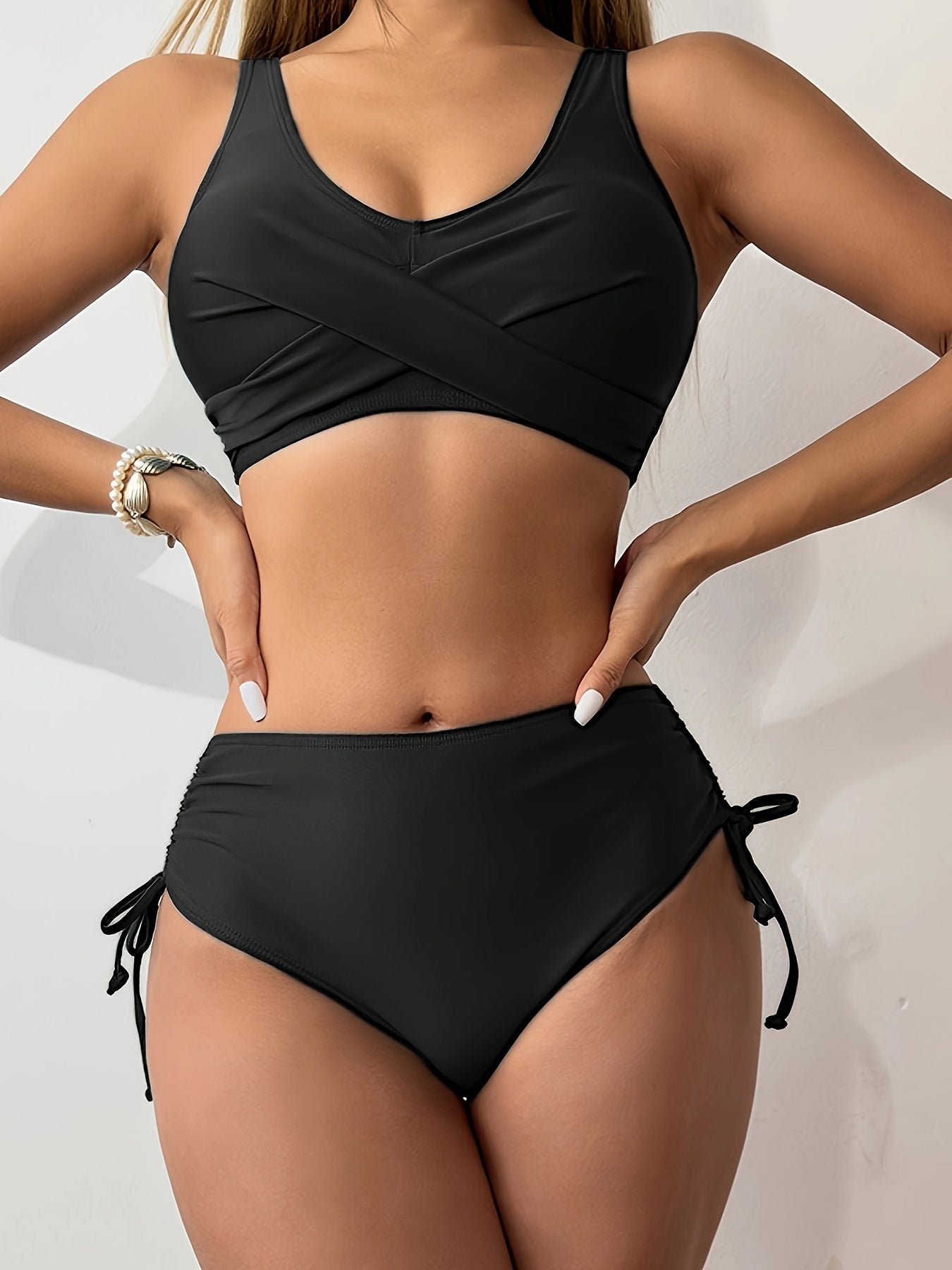 2 Piece Set Bikini - Twist Front V Neck Swimsuit with Drawstring Lace Up, Tie Back, Stretchy Fabric, Comfortable Fit for Beach Pool Bathing - Women's Swimwear & Clothing for Summer Vacation