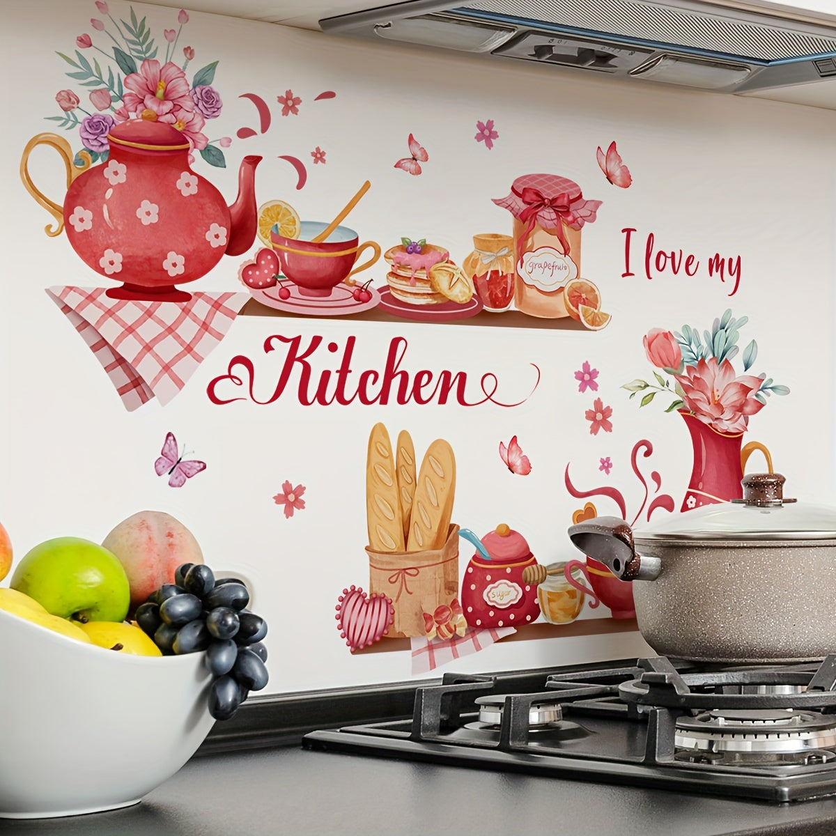 Glam Style Kitchen Wall Decals with Flower Patterns, Polyvinyl Chloride, Glass Surface Recommended, Single Use Adhesive Wall Art, Semi-glossy Rectangle Decorations, Multi-surface Easy Install, No Electricity or Battery Needed