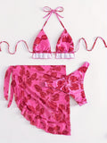 3 Piece Set: Floral Pattern Halter V Neck Tie Back Backless High Cut Bikini Swimsuits with Ruffle Hem Cover Up Skirt, Women's Triangle Top Swimwear & Clothing