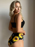 Sun Flower Print Black High Waisted 2 Piece Set Bikini, Spaghetti Strap Stretchy Stylish Swimsuits, Women's Swimwear & Clothing