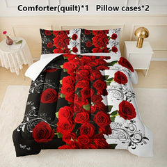 3pcs Romantic Red Rose Floral Quilt Set (1 Quilt + 2 Pillowcase Without Pillow Insert), Valentine's Day Quilted Bedding Set Soft Comfortable Breathable Printed Home Dorm For All Season