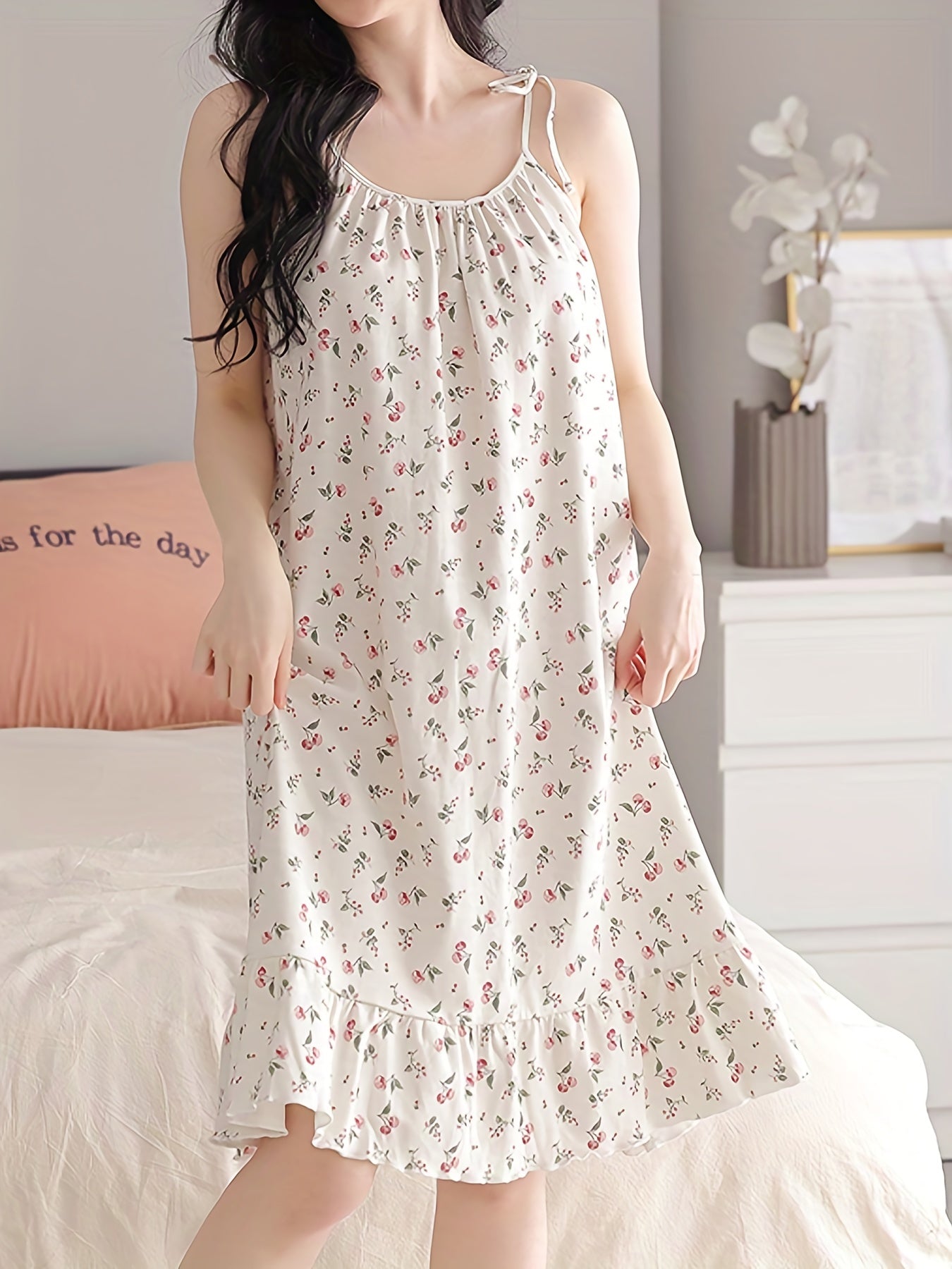 Romantic Floral Print Nightdress - Soft & Sweet Lace-Up Ruffle Slip Dress for Women - Comfortable Sleepwear, Nighttime Elegance