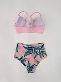 Elegant High-Waisted Floral Bikini Set with Cross Strap Detail - Polyester Knit Fabric, High Stretch, Spaghetti Strap Top and Conventional Bottoms for Swimming