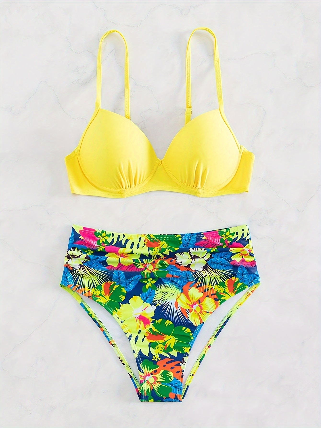 Tropical Print 2 Piece Set Bikini, V Neck High Waist Swimsuits, Women's Swimwear & Clothing