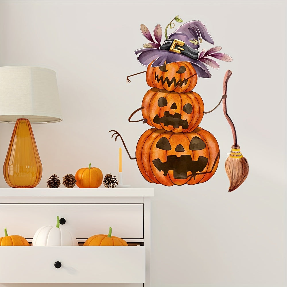 Classic Halloween Pumpkin Broom Wall Decals in Matte Finish, Reusable Polyvinyl Chloride Decor for Glass Surface, Easy Self-Adhesive Installation, Electricity-Free Wall Decor