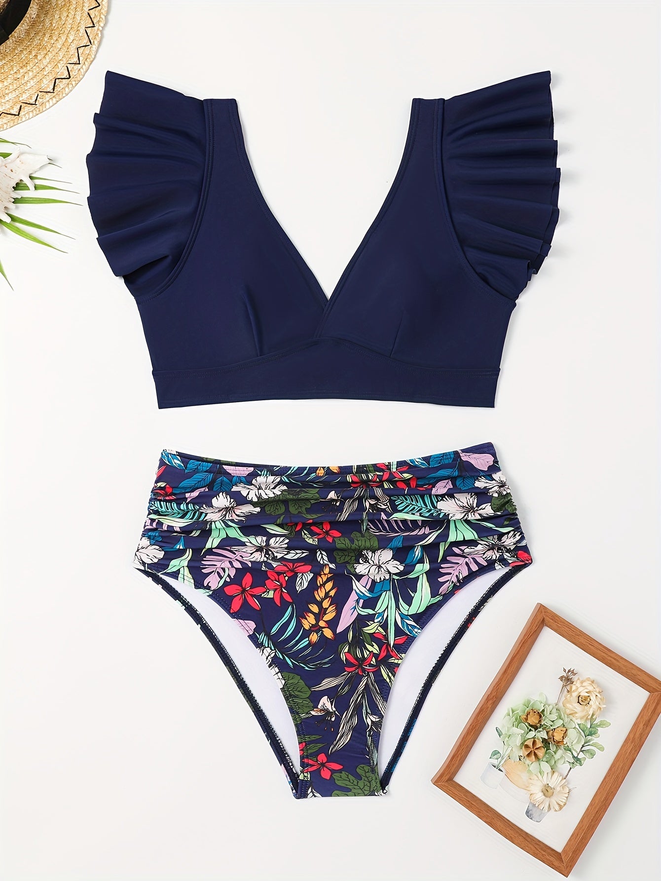 Women's Ruffled Bikini Set, Floral High-Waisted Floral Bottoms, Navy Blue Top, Beachwear, Swimwear, Fashionable Summer Poolside Outfit, Vacation Essentials