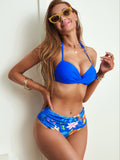 2 Piece Set Floral Fruit Print High Waist Ruched Halter Tie Neck Stretchy Swimsuits, Women's Swimwear & Clothing Bikini