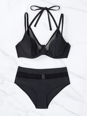 Vibrant High-Waisted Bikini Set - Sultry Contrast Mesh, Flattering Halter Neck, Two-Piece Swimwear for Women Who Want to Make a Statement - Solid Color, Chic and Modern Silhouette