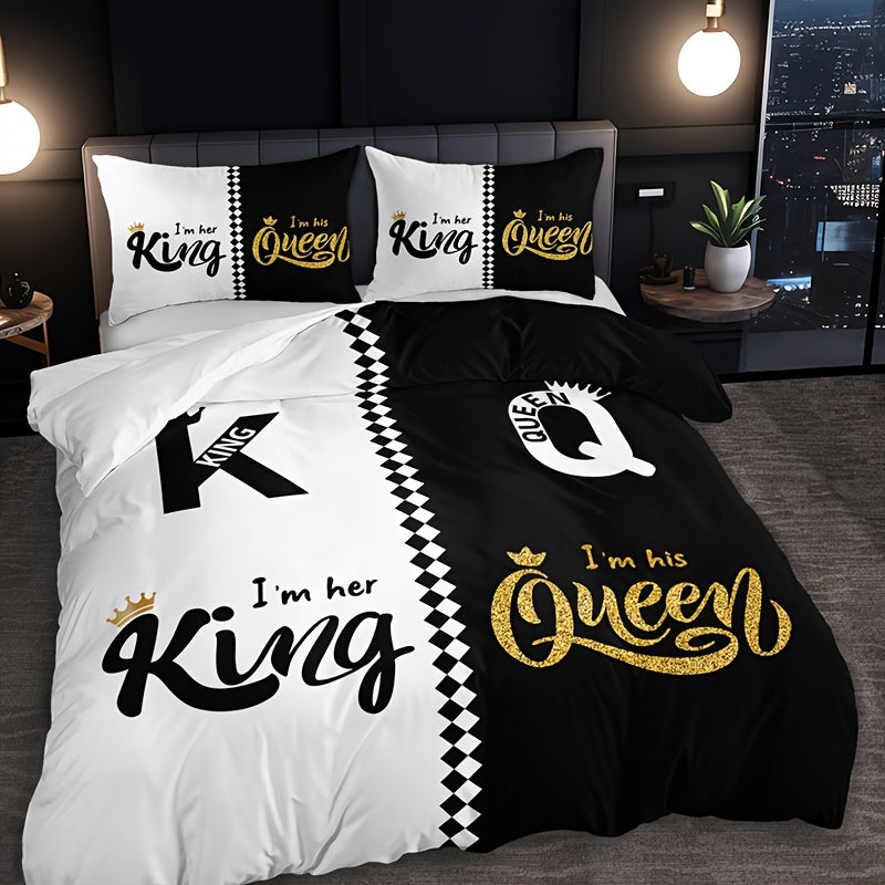 3-Piece Black & Grey Crown Lettering Duvet Cover Set - Vibrant High-Definition Printing, Soft Brushed Microfiber Fabric, Comfortable and Breathable for Home & Dorm Decor - Comforter Not Included