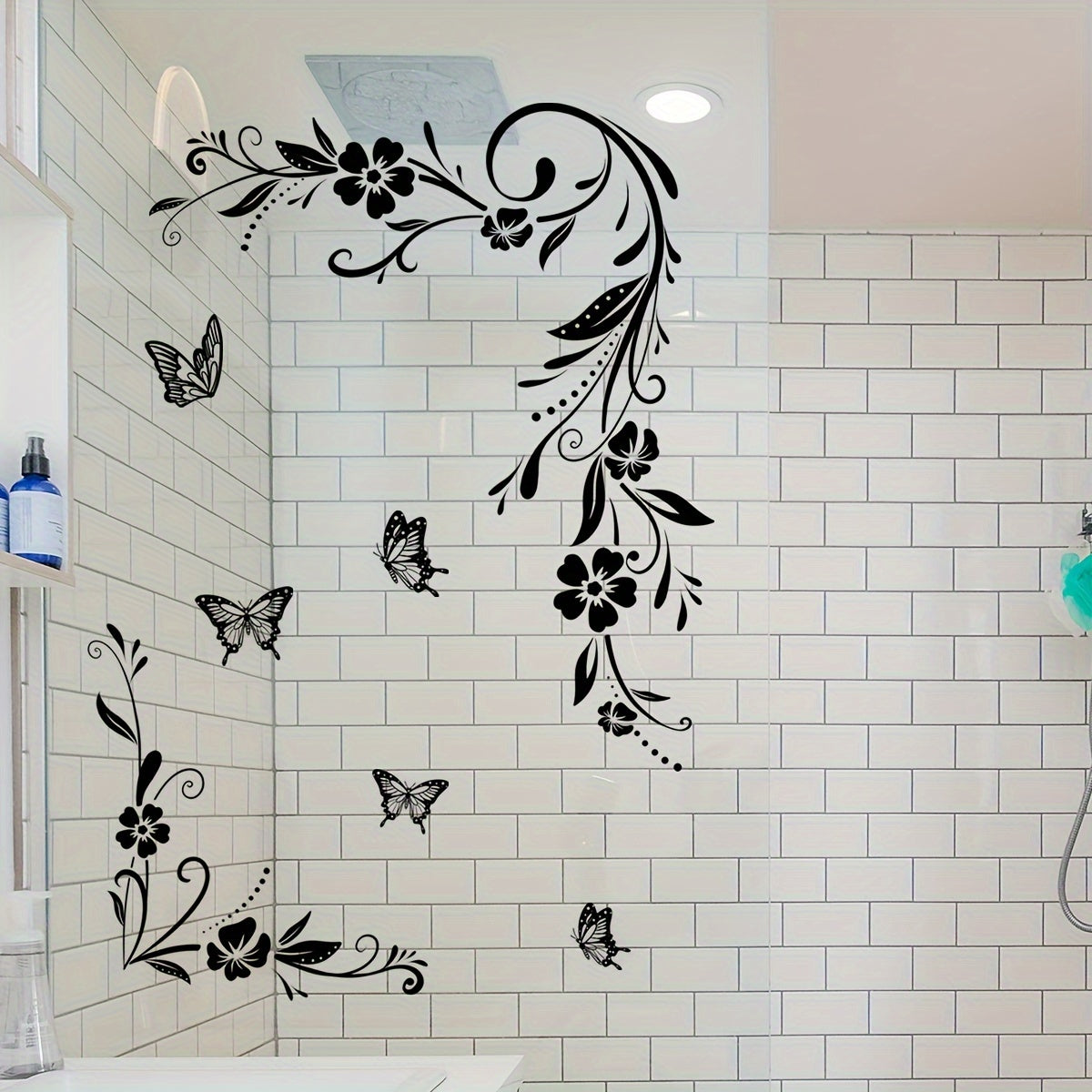 Elegant Black Floral & Butterfly Vine Mirror Decal - Self-Adhesive Wall Sticker For Bathroom And Home Decor