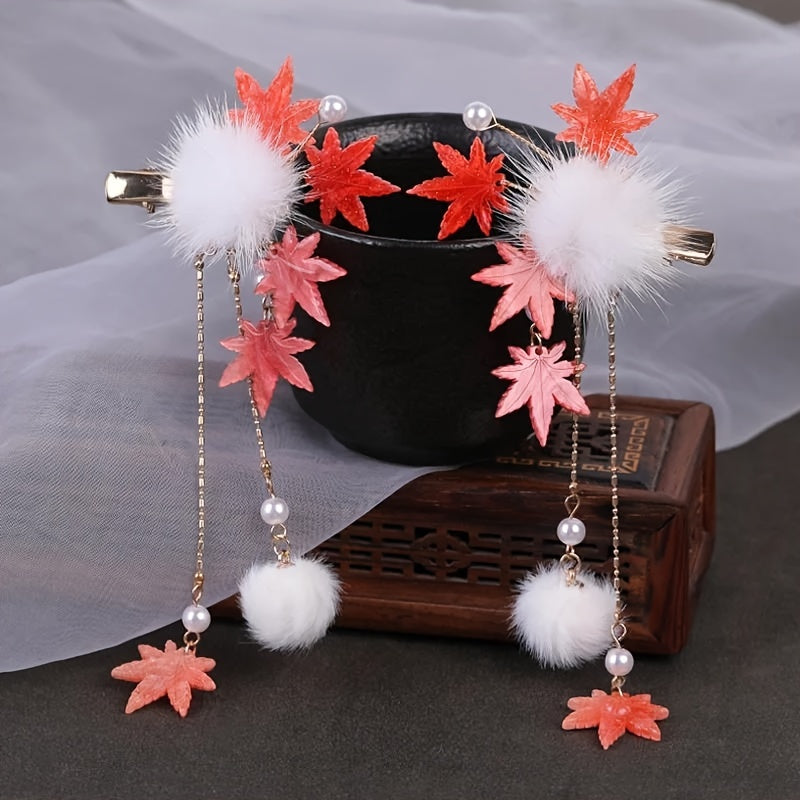 Vintage Style Hair Clip With Tassel, Red Maple Leaf Design Hairpin, Chinese Style Hair Accessory