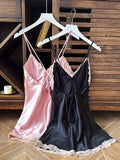 2 Pcs Satin Lace Trim Solid Nightgown, V Neck Cross Strappy Backless Slip Dress, Sexy Women's Sleepwear