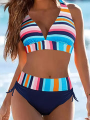 2 Piece Colorful Strip Print Halter Bikini Set - Women's Swimwear & Clothing, Tie Neck High Stretch Sexy Bathing Suit with Drawstring, Comfortable and Stylish Beachwear for Summer Vacation