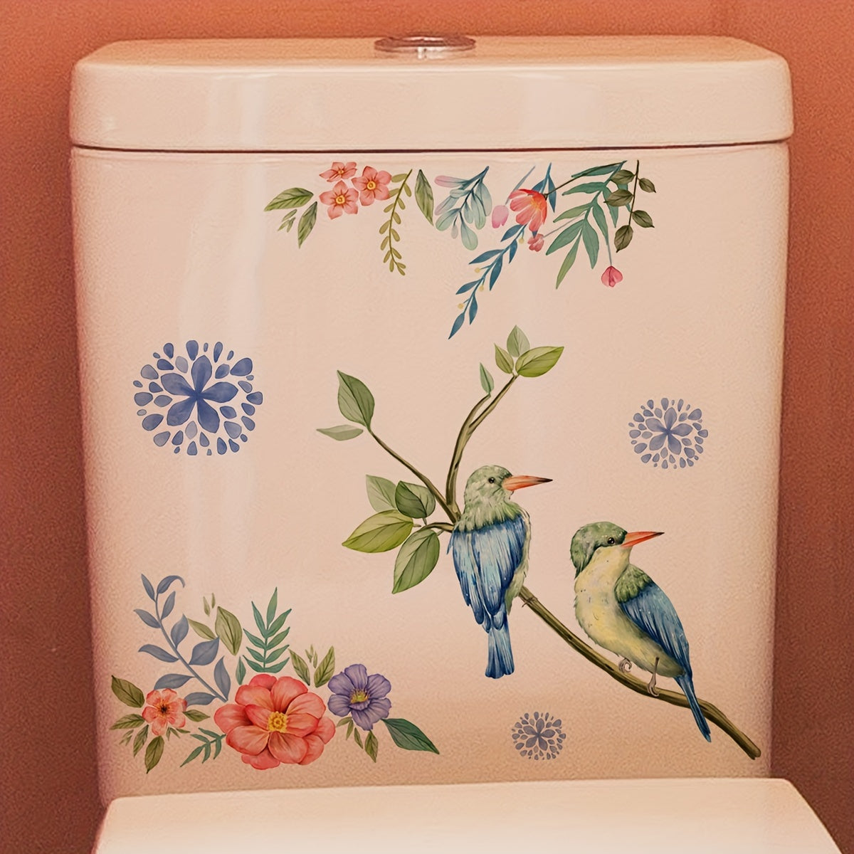 Charming Bird & Floral Toilet Lid Decal - Matte Finish, Self-Adhesive Bathroom Wall Sticker for Easy Installation