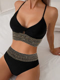 2 Piece Golden Contrast Band Sequin V Neck Bikini Set, High Waisted Stretchy Swimsuits with Spaghetti Strap for Women, Perfect for Carnival & Music Festival