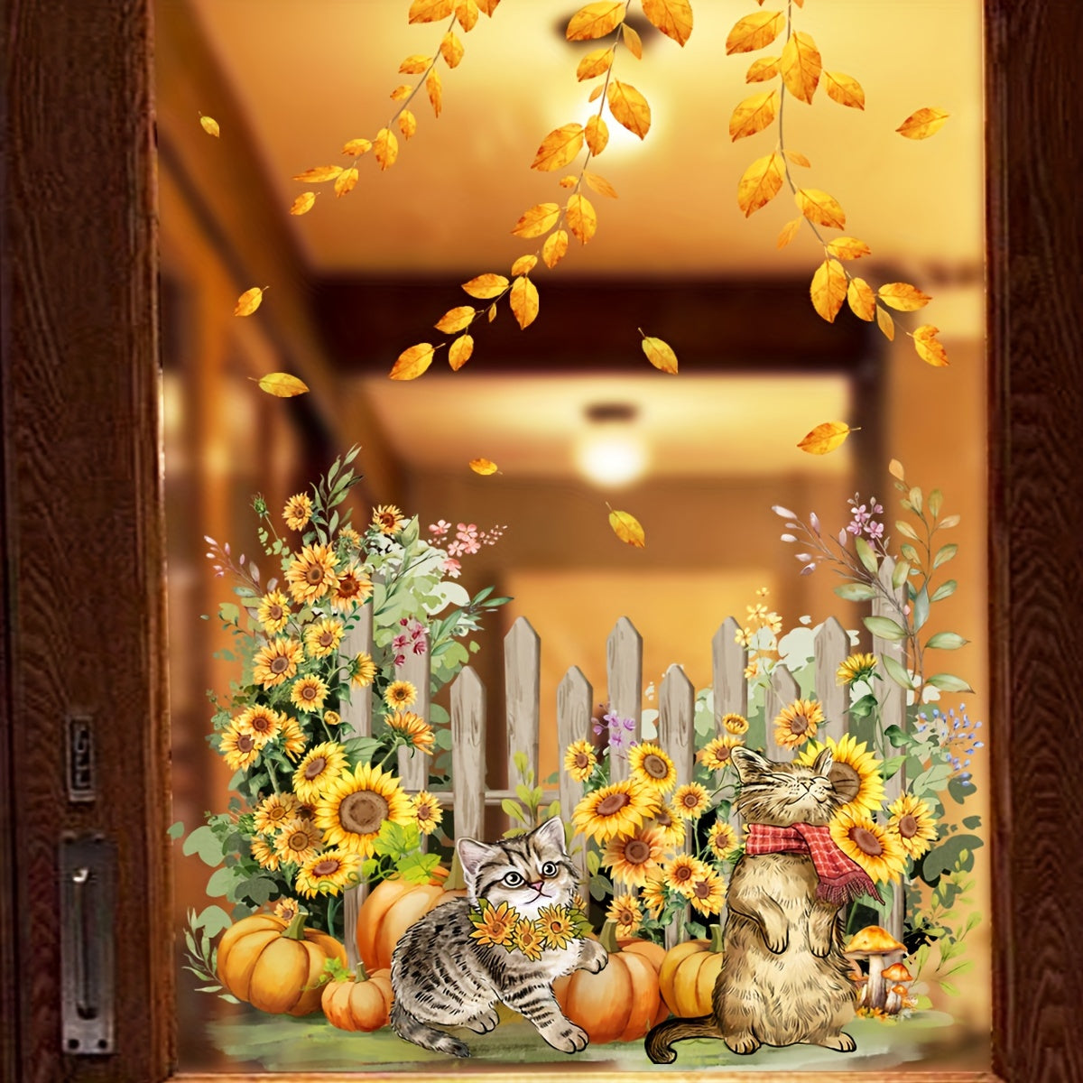 Classic Autumn Cats and Pumpkins Wall Stickers, Leaf Pattern, PVC Material, For Ceramic and More Surfaces, Reusable, Irregular Shape, Matte Finish, Self-Adhesive, No Electricity or Battery Needed