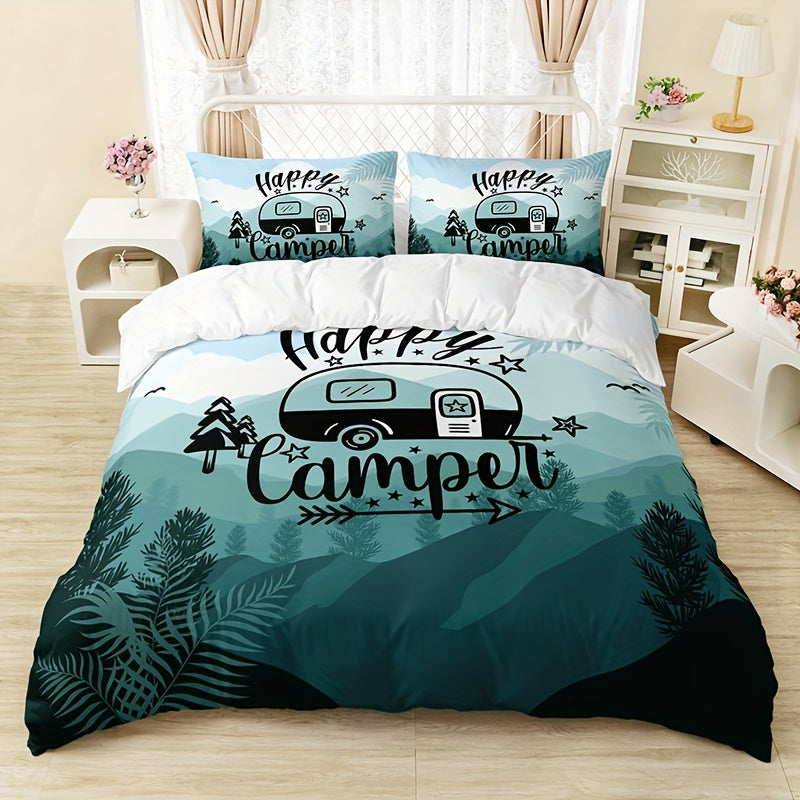 3pcs Cozy Cartoon Car Letter Print Duvet Cover Set - Soft, Breathable, Comfortable Bedding for Bedroom, Guest Room - Includes 1 Duvet Cover and 2 Pillowcases, No Filling