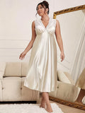 Plus Size Elegant Sleep Dress - Soft Satin, Contrast Lace, V Neck, Backless, Tank Style, Comfortable Nightdress for Women