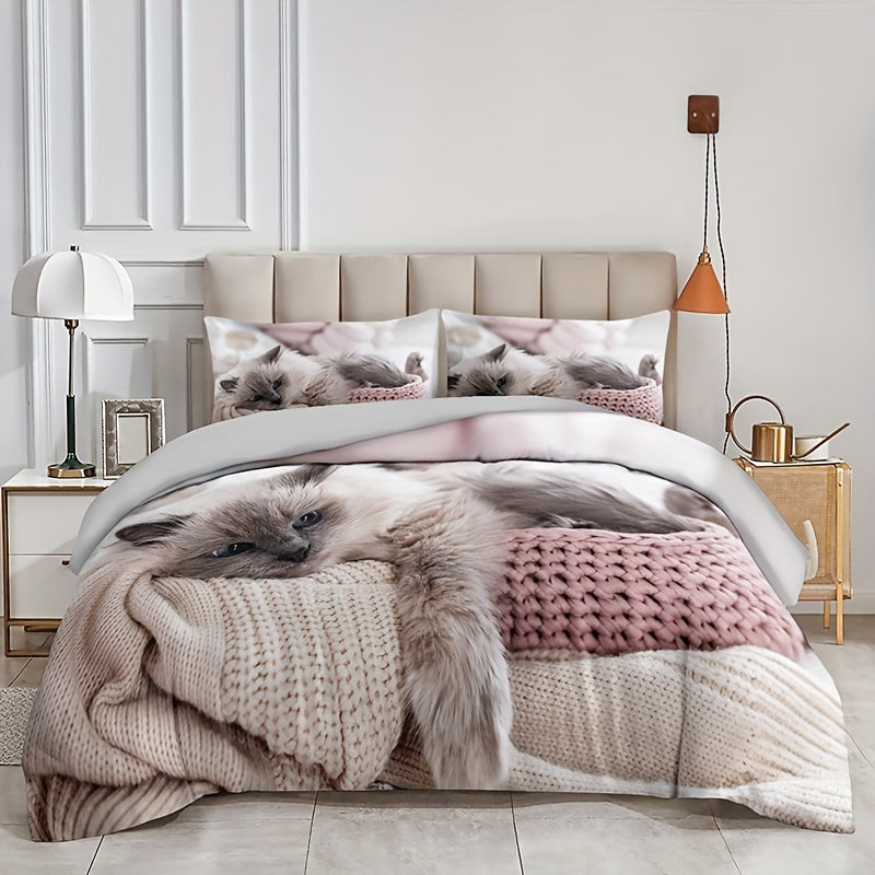 3pcs Polyester Duvet Cover Set (1*Duvet Cover + 2*Pillowcase, Without Core), Fashion Cute 3D Cat Print All Season Bedding Set, Soft Comfortable Duvet Cover, For Bedroom, Guest Room