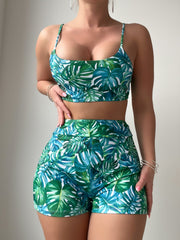 Tropical Print 2 Piece Set Bikini, Spaghetti Straps High Waist Boxer Short Bottom Swimsuits, Women's Swimwear & Clothing