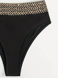 2 Piece Golden Contrast Band Sequin V Neck Bikini Set, High Waisted Stretchy Swimsuits with Spaghetti Strap for Women, Perfect for Carnival & Music Festival
