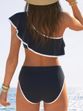Chic One-Shoulder High-Waisted Bikini Set for Women - High Stretch, Solid Color, Polyester & Elastane Blend Knit Fabric Swimsuit