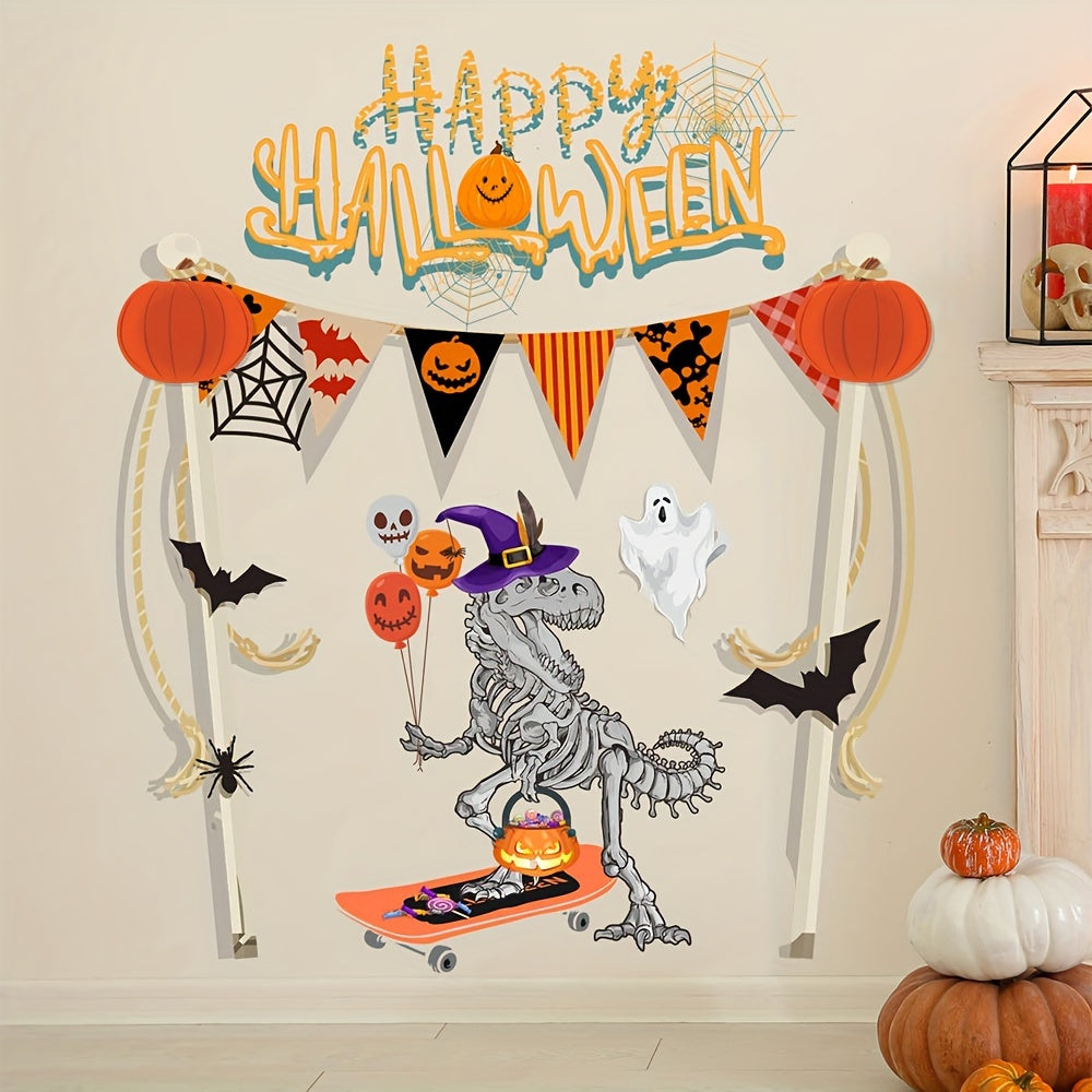 Halloween Skeleton Decor Wall Decal, Contemporary PVC Holiday Party Art, Festive No-Electricity Home Decorations for Halloween, Non-Feathered