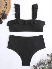 High Waist Ruffled Trim Two Piece Bikini Sets Swimsuit, Women's Tummy Control Swimwear with Shoulder Straps