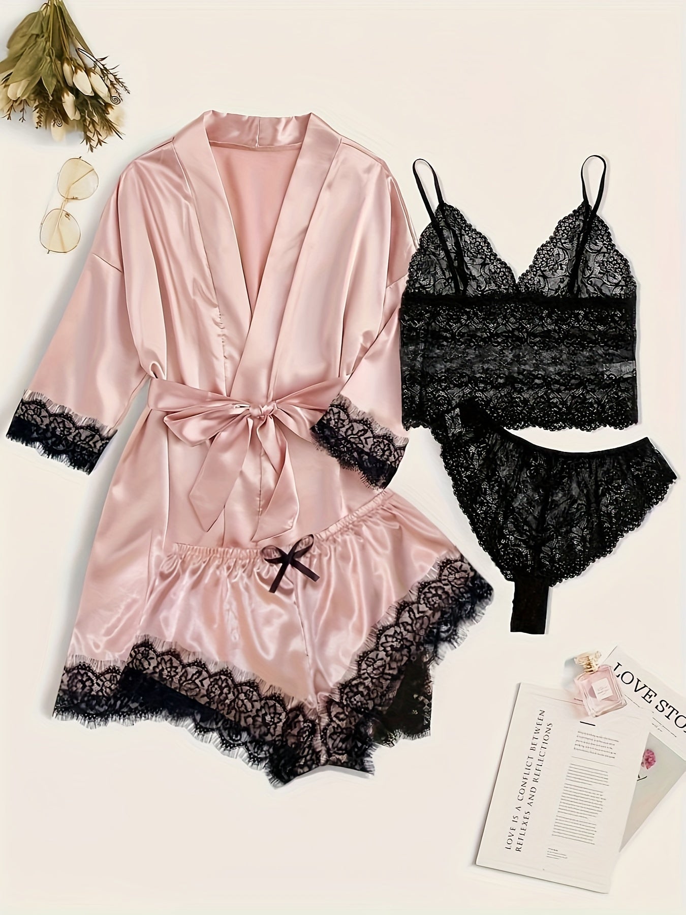 Three Quarter Sleeve Satin Elegant Lounge Set, Contrast Lace Robe With Belt, Cami Bra, Panty, and Elastic Shorts, Women's Loungewear