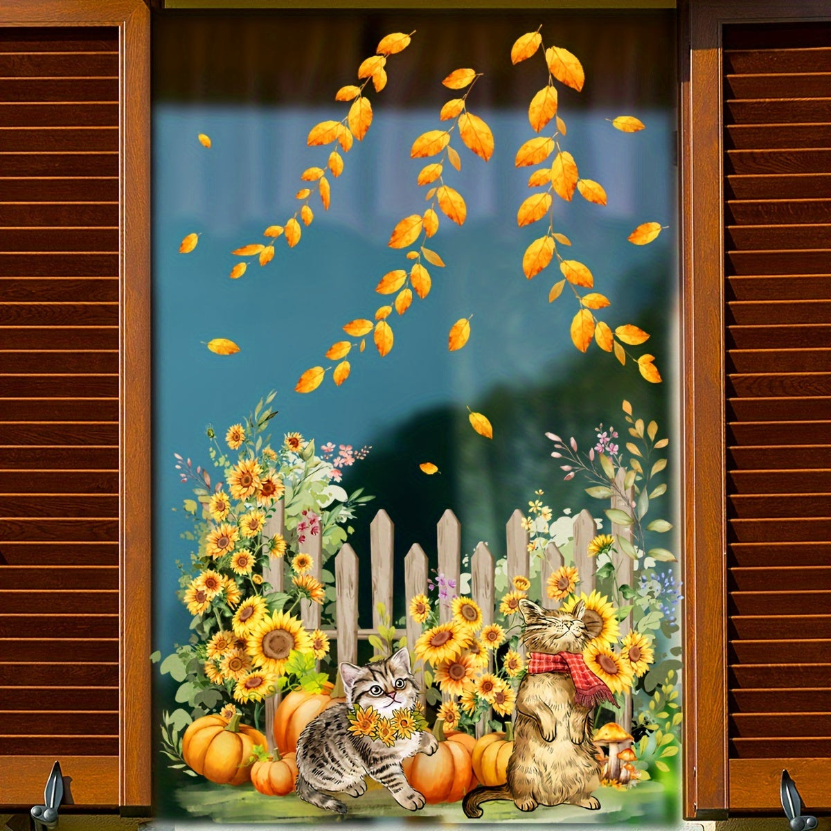 Classic Autumn Cats and Pumpkins Wall Stickers, Leaf Pattern, PVC Material, For Ceramic and More Surfaces, Reusable, Irregular Shape, Matte Finish, Self-Adhesive, No Electricity or Battery Needed