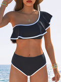 Chic One-Shoulder High-Waisted Bikini Set for Women - High Stretch, Solid Color, Polyester & Elastane Blend Knit Fabric Swimsuit
