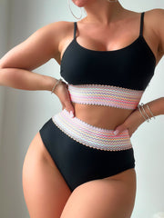 2 Piece High Waisted Colorblock Trim Bikini Sets - Scoop Neck Spaghetti Straps Swimsuits for Women - Stylish Bathing Suit with Moderate Coverage